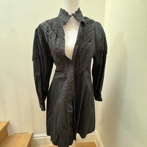 Zara Black Cotton Mini Dress Puff Sleeves Pleated Lace - XS 🖤